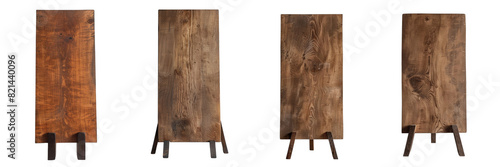 Set of A wooden panel with two dark wood legs stands vertically on a transparent background 