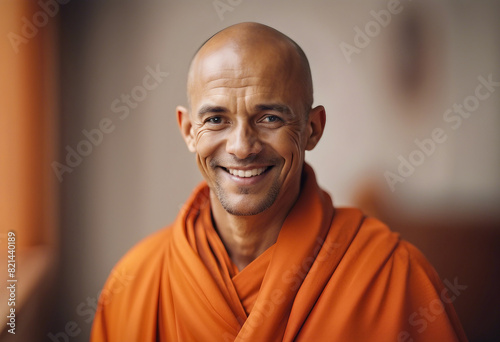 portrait of a monk in orange robes with a sincere smile, isolated white background 