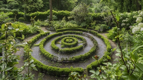 Lush greenery in the shape of spirals and helices decorate the garden nodding to the spiral spin of particles in gauge theories.