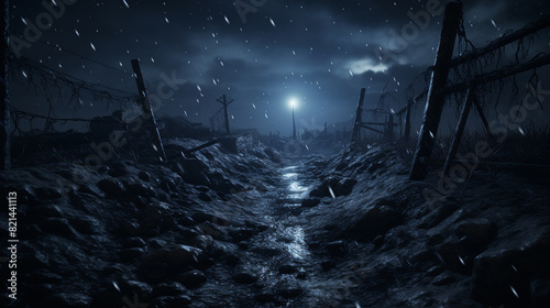 Trenches under moonlight, abandoned helmets scattered, hint of barbed wire.