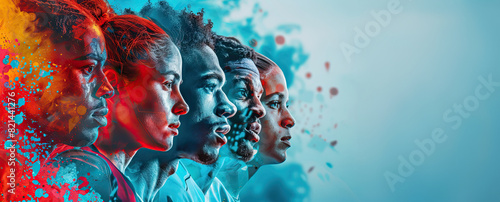 Side profile portraits of five athletes with a mix of red and blue paint splashes emphasizing focus and diversity