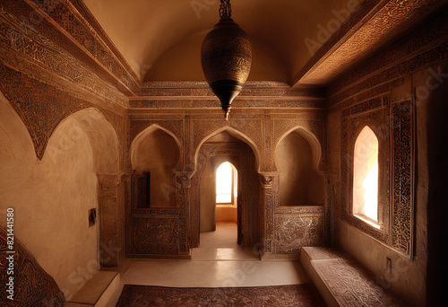 Interior of an old traditional Arabic house under strong sunlight with shades of wooden gutters, carved wooden doors and window grilles for ventilation.