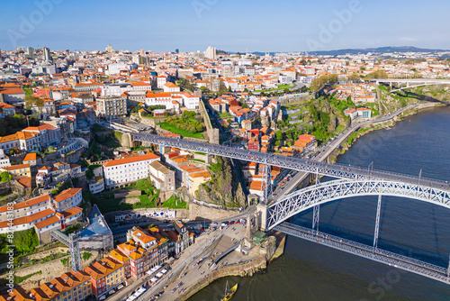 Aerial view of famous historic Porto city, center with Luis I Bridge over Douro river