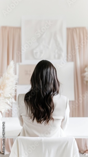 Woman with long black hair working at her desk, chic female creative entrepreneur attire, white blouse and blaze. Social media faceless digital content marketing. Aesthetic and editorial.