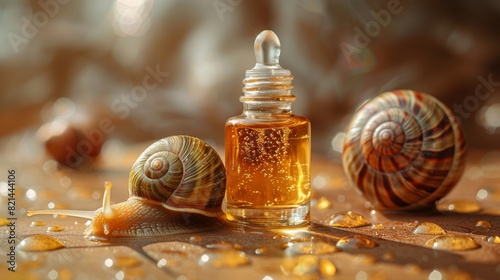 snail mucin essence serum and live snail showcased for organic beauty regimen in a clear bottle on a plain surface