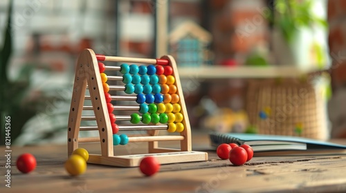 Colorful beads abacus traditional calculators on wooden table. AI generated image