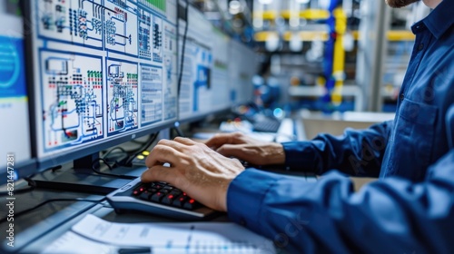 working hands of engineer controller operator over SCADA system on computer technology screen.