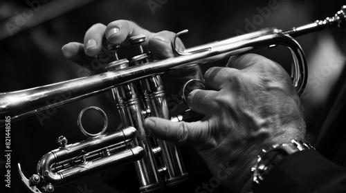 Closeup hand fingers playing orchestra trumpet with monochrome color scene. AI generated image