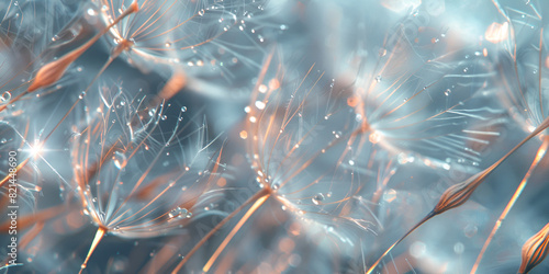christmas tree branches, Dandelion flower in droplets of water dew on a blue colored background with a mirror reflection, Dandelion seeds with dew drops 3D illustration, Abstract dandelion flower back