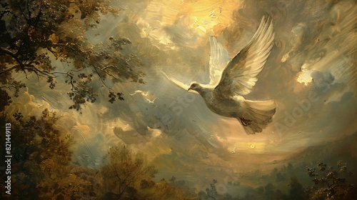 Dove flying in a cloudy sky for spiritual or religious designs