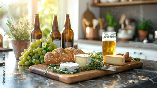 A gourmet snack board with bread, cheese, grapes, and drinks, set on a sunlit kitchen counter.