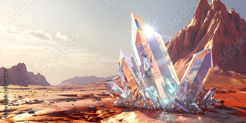 sunset in mountains, Enigmatic crystal structure stands tall amidst majestic desert mountains, A diamond mine diamond stone , Magical and fantasy crystal rock shinning in a desert, Digital painting of