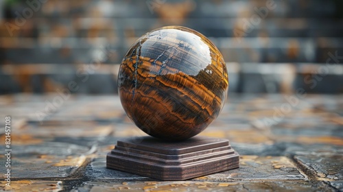 crystal decor pieces, a tiger eye stone sphere on a wooden stand, ideal for home decor or crystal lovers, displaying the stones beautiful earthy colors