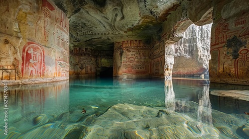 A submerged cave with ancient paintings and carvings on the walls