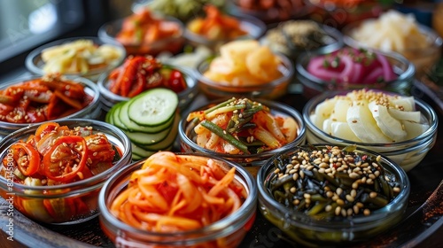 A variety of pickled vegetables banchan arranged neatly on a platter