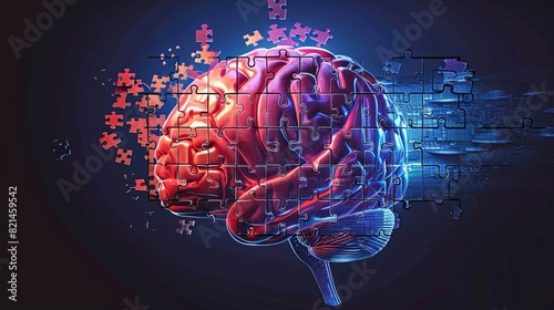 a detailed illustration of a brain merging into a jigsaw puzzle