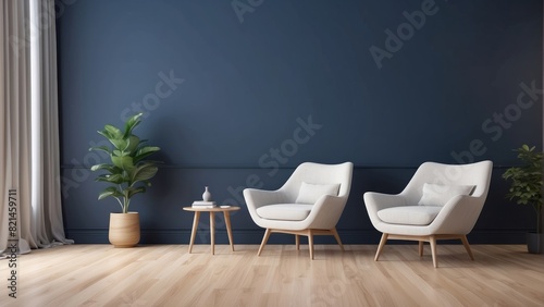minimalist interior of living room, Off-White armchair on Navy color wall background