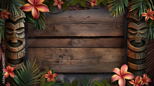 A beachy tiki theme blank sign to accept a custom message or design element; a dark rustic wooden sign texture, allows for custom type & graphics - a border of tropical leaves, flowers and wood masks