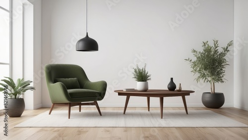 modern mid century and minimalist room, Olive Green decor concept, Black armchair