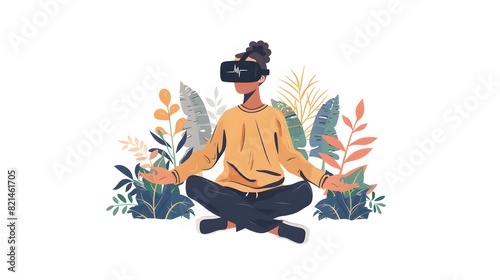 Person relaxing and meditating in virtual reality using VR headset. Modern guy sitting in nature simulation glasses. Colored flat vector illustration of cyberspace isolated on white background 