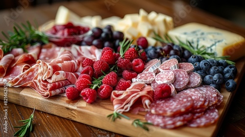 a sophisticated charcuterie board featuring a blend of cured meats, specialty cheeses, and seasonal fruit, elevating the dining experience with a vintage ambiance