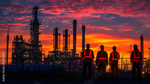 Four workers in safety vests observe an industrial plant at sunset, with dramatic orange and purple sky in the background.