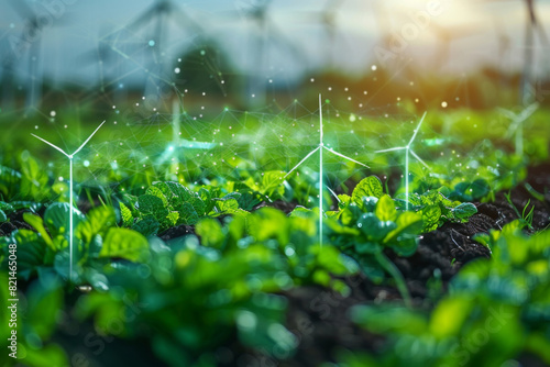 Digital wind turbines growing in green field, symbolizing renewable energy, sustainability, and eco-friendly technology in agriculture.