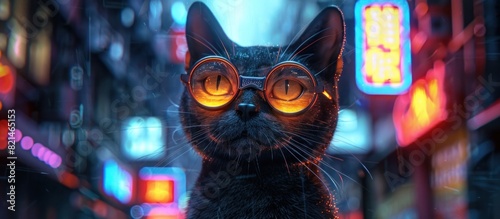 Plump Black Cat in Futuristic Glasses Steals the Show in Cityscape