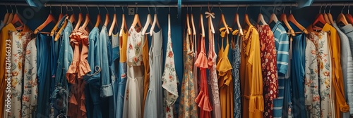 A closet filled with various colored shirts on hangers, showcasing a creative concept of a womens clothing showroom or designer dresses store. Generative AI