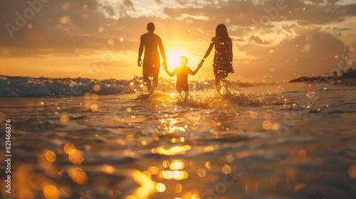 A family of three holding hands and enjoying a sunset on the beach, creating a warm, joyful scene.