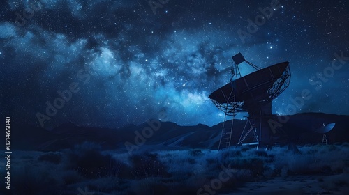 Radio telescope in starry night with milky way 