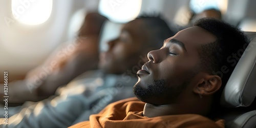 An African American man taking a nap on an airplane while traveling with a diverse group of passengers. Concept Traveling, Airplane, Diversity, Resting, Multi-cultural