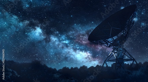 Radio telescope in starry night with milky way 