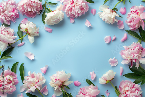 cornice di fiori di peonia su sfondo azzurro 