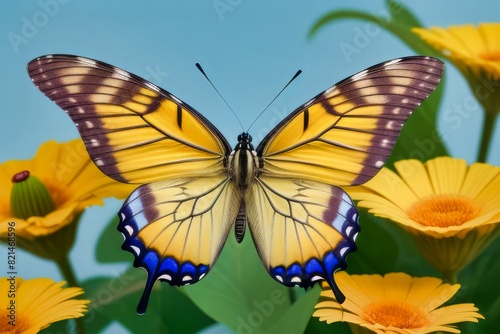 Hermosa mariposa de colores vibrantes entre flores 