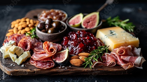 charcuterie display, cozy charcuterie board featuring prosciutto, salami, brie, nuts, and fig jam on a rustic wooden platter, perfect for a relaxed evening get-together