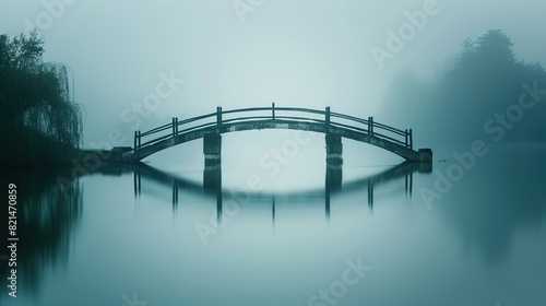 The image of a minimalist bridge over a tranquil river, created with straight lines