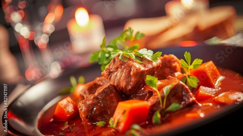 Close up of Hungarian goulash in background of modern restaurant. Lifestyle concept of food and dish.