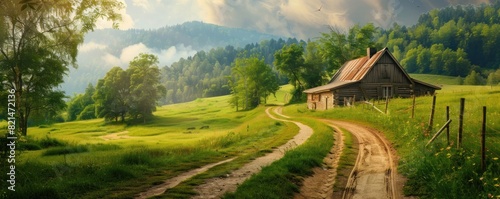 A rural road with a house in the distance. The scene is peaceful and serene