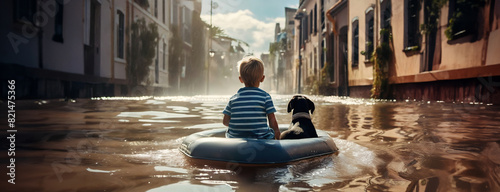 A young boy and his dog float on an inflatable raft in a flooded city street.