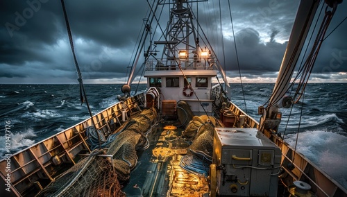 A photo of the deck from behind of an advanced fishing trawler at sea during stormy weather