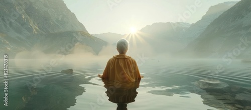 Serene Elderly Woman Achieving Peaceful Buoyancy in a Misty Mountain Lake at Dawn