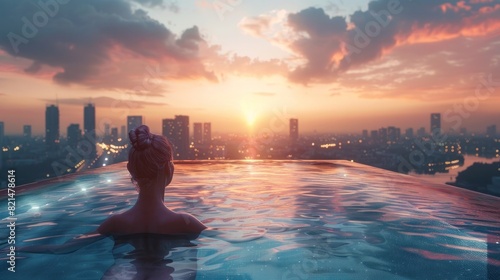 Tranquil Twilight An Elderly Woman Enjoys a Luxurious Infinity Pool Overlooking a Vibrant Cityscape