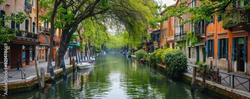 A canal with a row of houses on either side. The water is calm and the trees on the banks are lush and green
