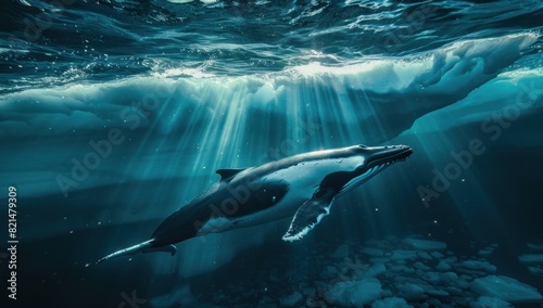 a realistic photo of A minke whale swimming in the icy waters near Greenland
