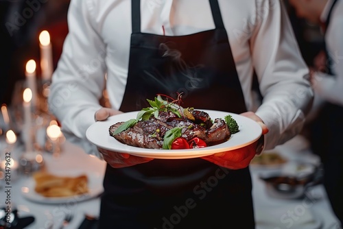 Waiter carrying plates with meat dish on some festive event, party or wedding reception restaurant