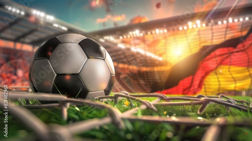 Soccer ball in goal net on the football field with Germany flag background. Concept of 2024 UEFA European Football Championship