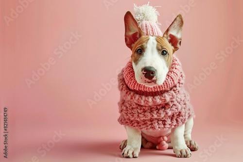 adorable fluffy bull terrier plush toy dressed in cozy winter clothing isolated on soft pastel background pet photography