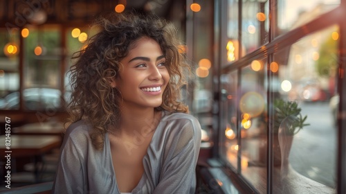 young hispanic woman in a restaurant bar smiling latina happy joyful blouse profile white teeth curly hair bokeh background lights tables window bright pretty beautiful twenties tanned 