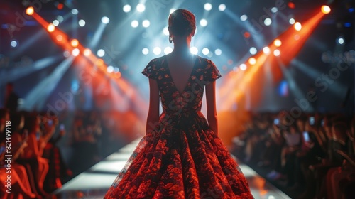 Captivating Elegance on the Runway, A Model in a Colorful Dress under Bright Lights
